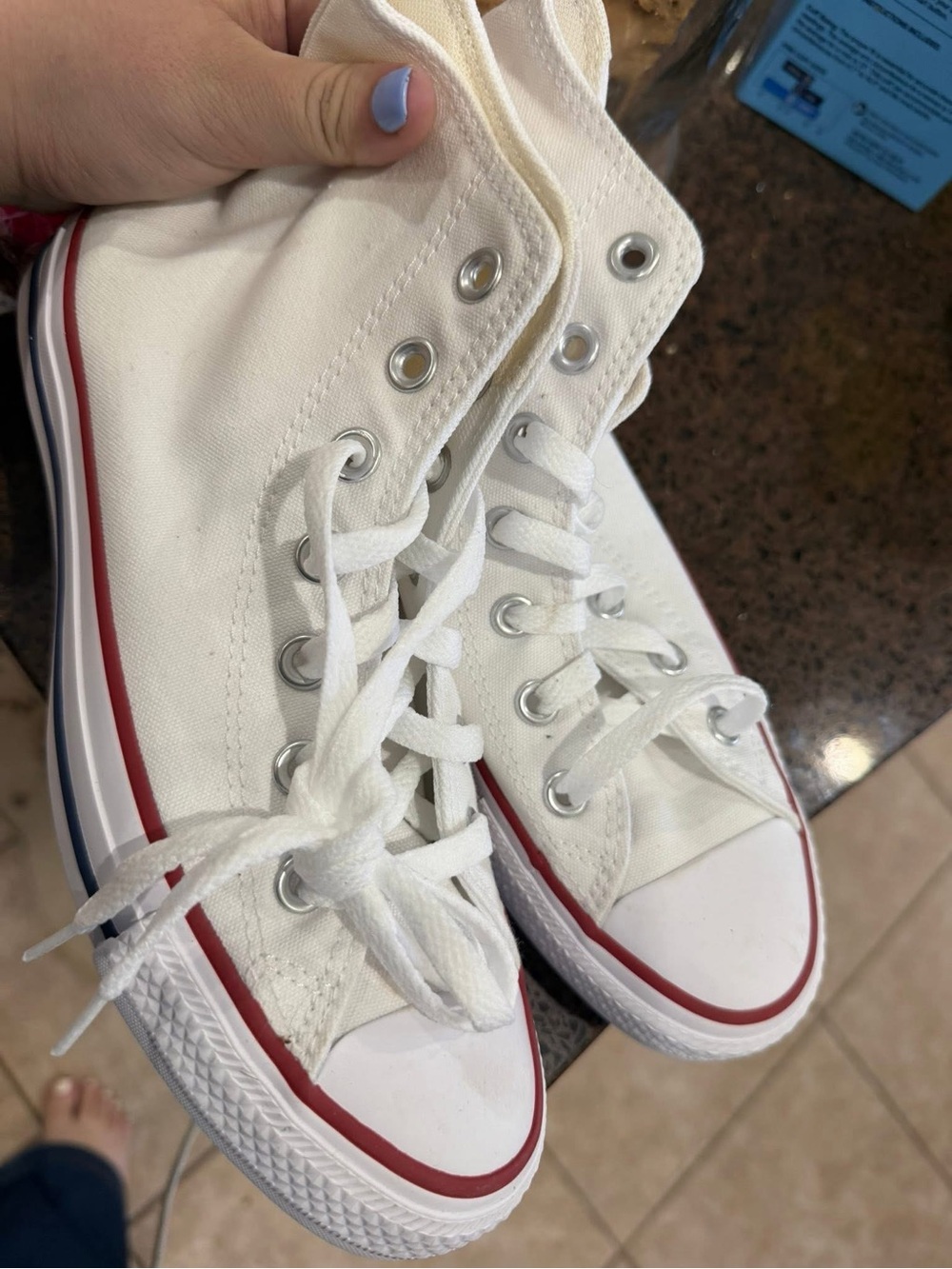 Converse White High Top Sneakers with Red & Blue Stripes